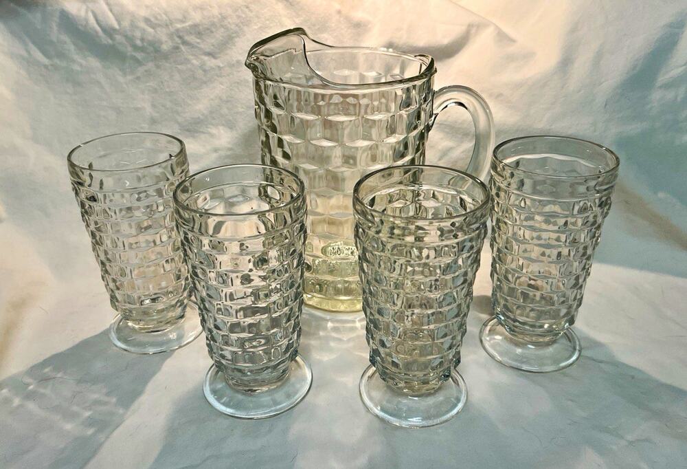 Vintage Indiana Glass Whitehall Clear Pitcher & 4 Footed Glasses Set, MCM Cubist